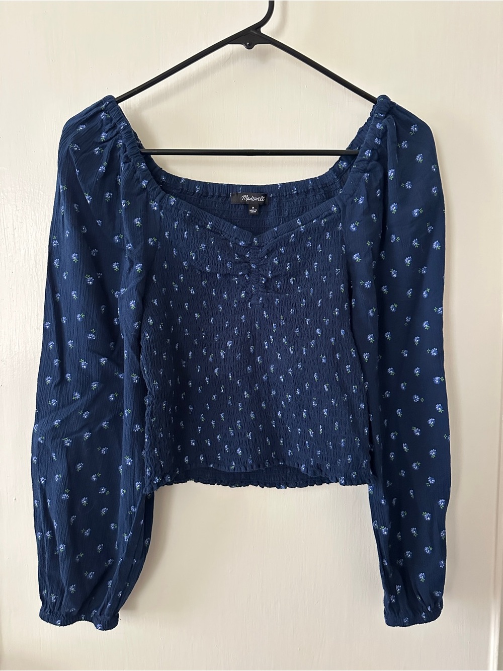 Madewell Navy Blue Smocked Long-Sleeve Peasant Top